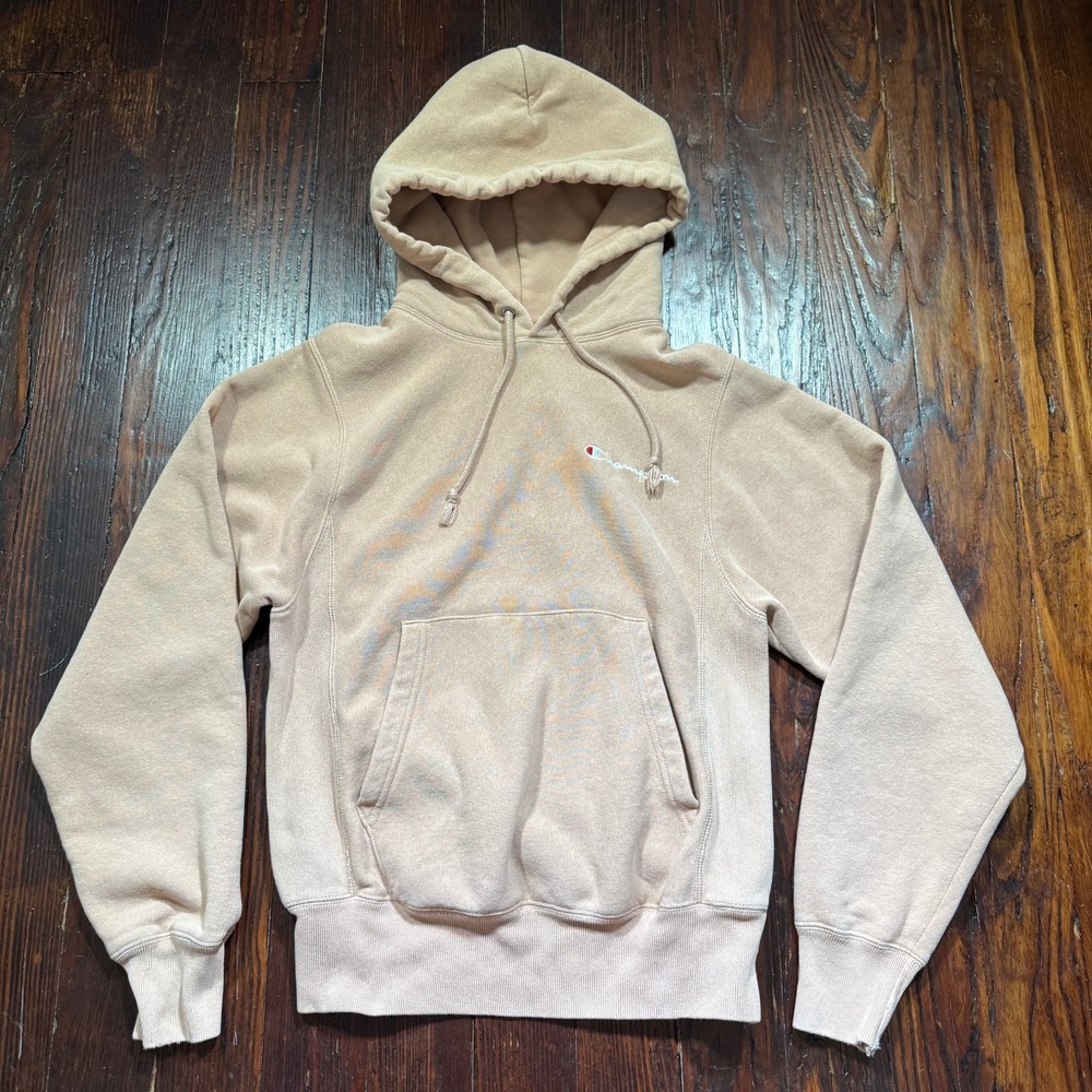 Vintage Champion Hoodie Mens‎ XS Beige Reverse Weave Sweatshirt 90s